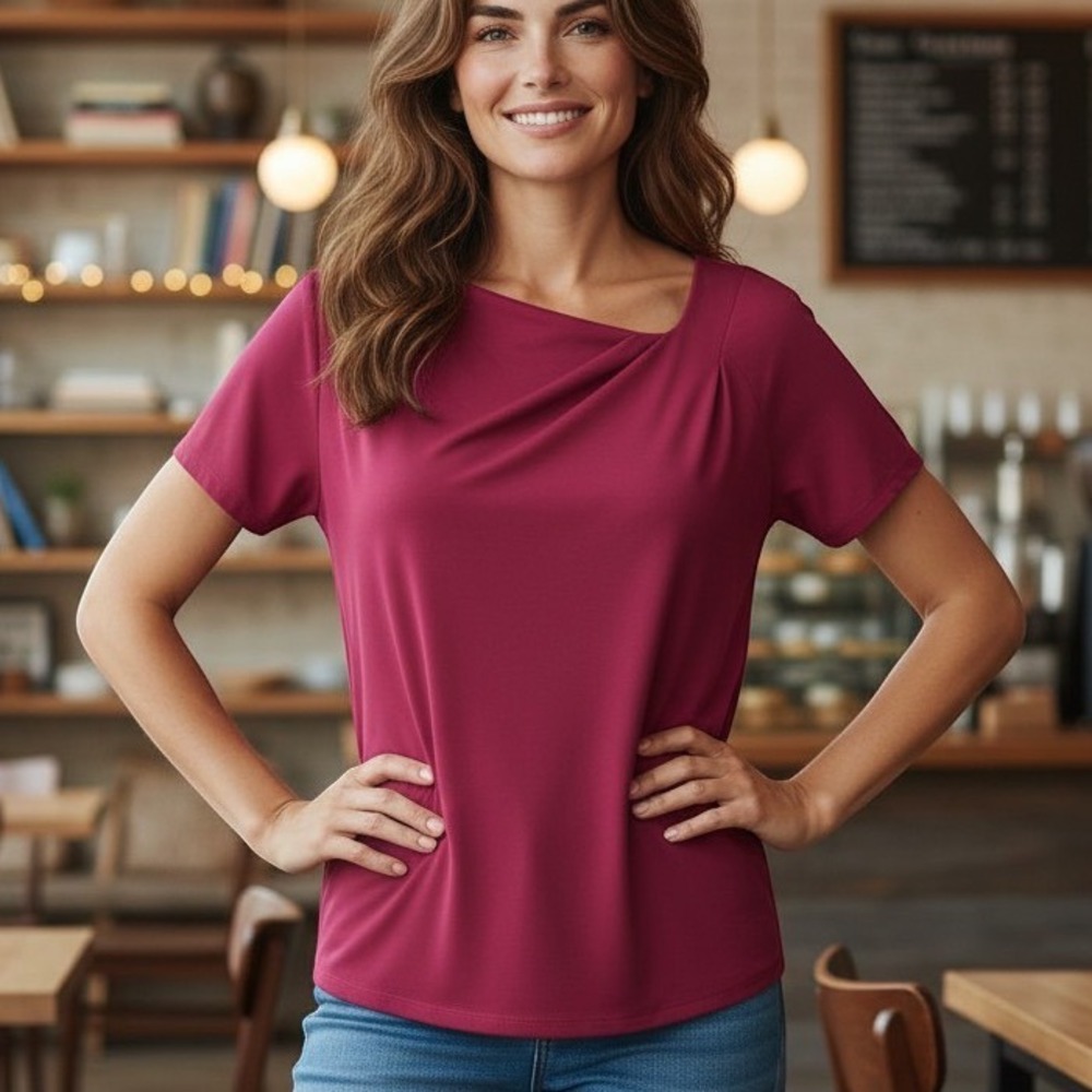 NWOT Banana Republic Top Women's Size S Short Sleeve Draped Neck Magenta Casual